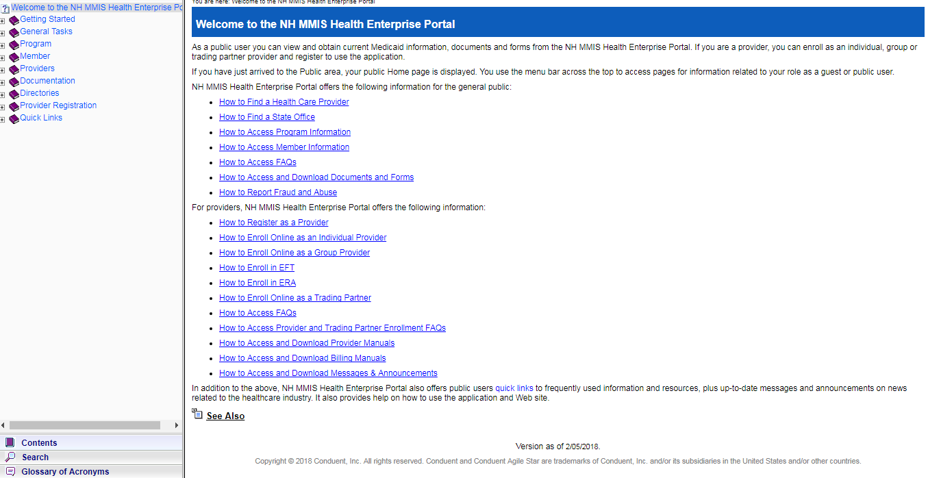 Help for the public user with table of contents on left and topic on right