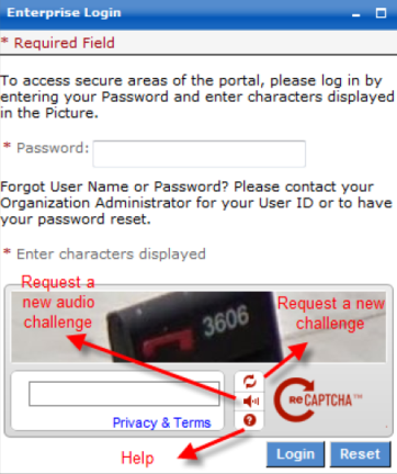 Enterprise Login password panel with a captcha example