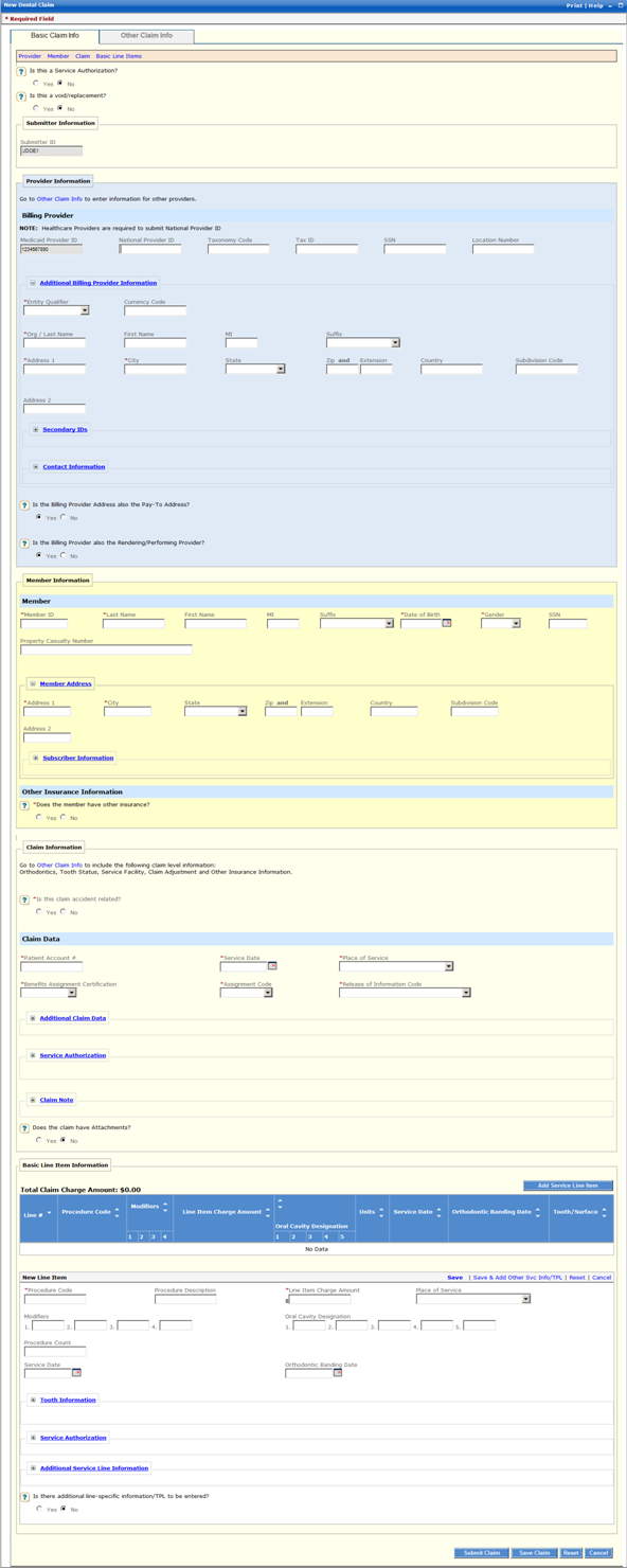 Dental Claim/Templage - Basic Claim Info page